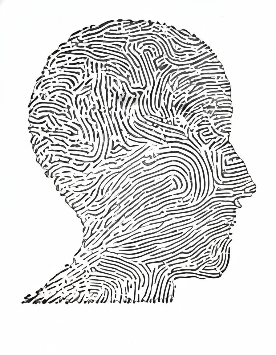 A human profile drawn as one continuous fingerprint line
